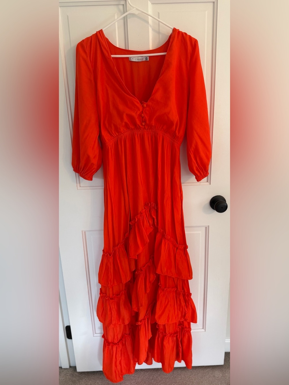 CHICWAYS Orange Ruffle Maxi Dress Boho Tiered Long Sleeve Size M